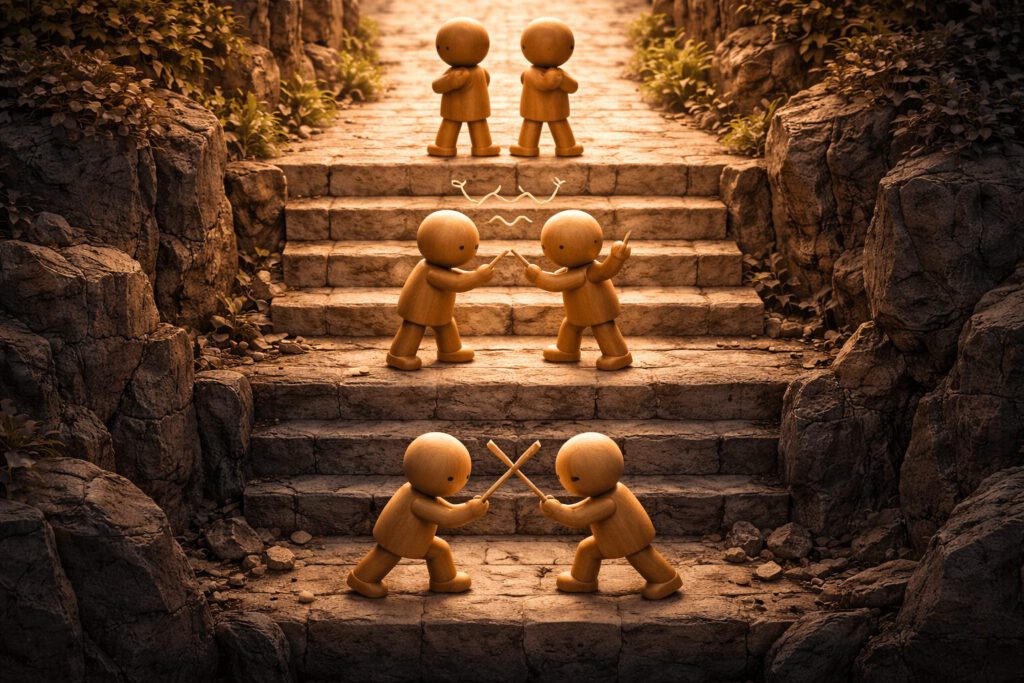 Eine Treppe führt nach unten und zeigt die Eskalation eines Konflikts: Von "Rücken an Rücken" oben bis zum "Kampf" unten. Symbolbild für die Konfliktstufen nach Glasl.