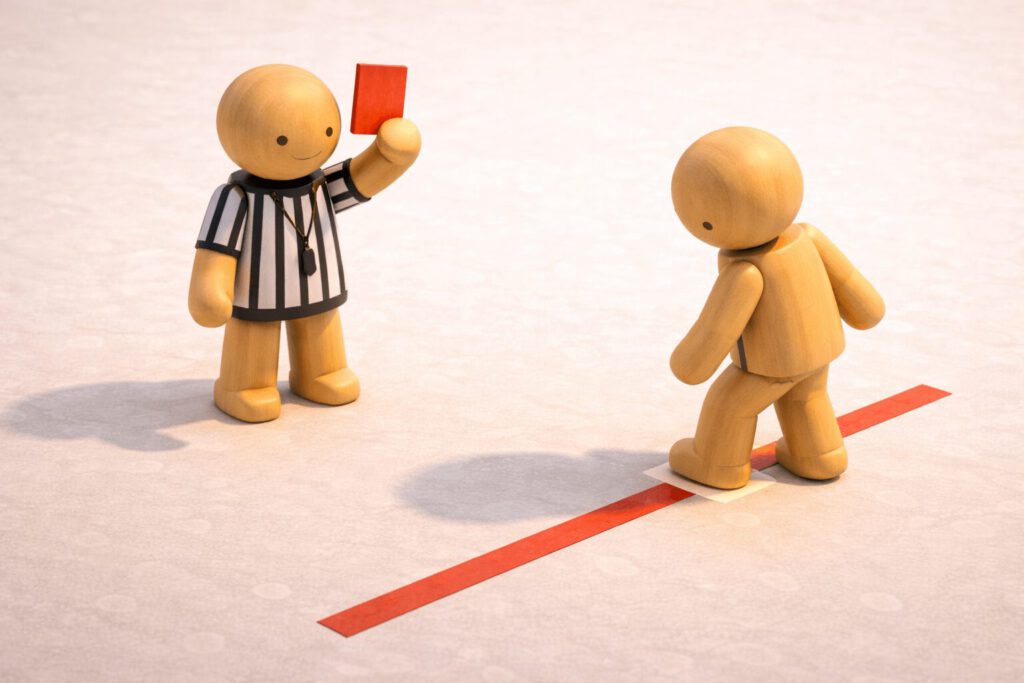 Eine Holzfigur im schwarz-weißen Schiedsrichter-Outfit zeigt einer anderen Figur, die gerade über eine rote Bodenlinie getreten ist, die rote Karte. Symbolbild für Konsequenz in der Führung, Regelverstöße und das Setzen von Grenzen.