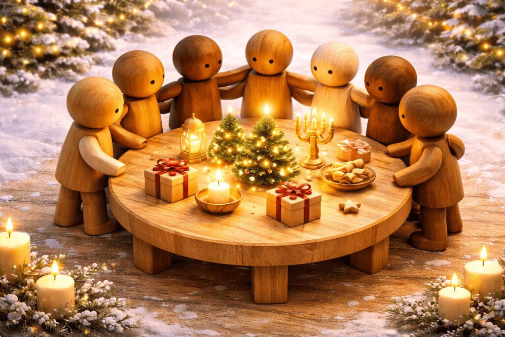 Eine diverse Gruppe von Holzfiguren versammelt sich um einen runden Tisch, auf dem verschiedene Symbole für unterschiedliche winterliche Kulturtraditionen liegen. Symbolbild für kulturelle Vielfalt und Inklusion im Dezember.