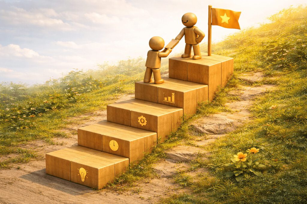 Eine Holztreppe führt einen Hügel hinauf. Auf der obersten Plattform steht eine Führungskraft neben einer Fahne mit Stern und reicht einem Mitarbeiter, der die Treppe hinaufsteigt, die Hand. Auf den Stufen sind Symbole wie Zahnräder oder Uhren eingraviert. Symbolbild für Management by Objectives und stufenweise Zielerreichung.