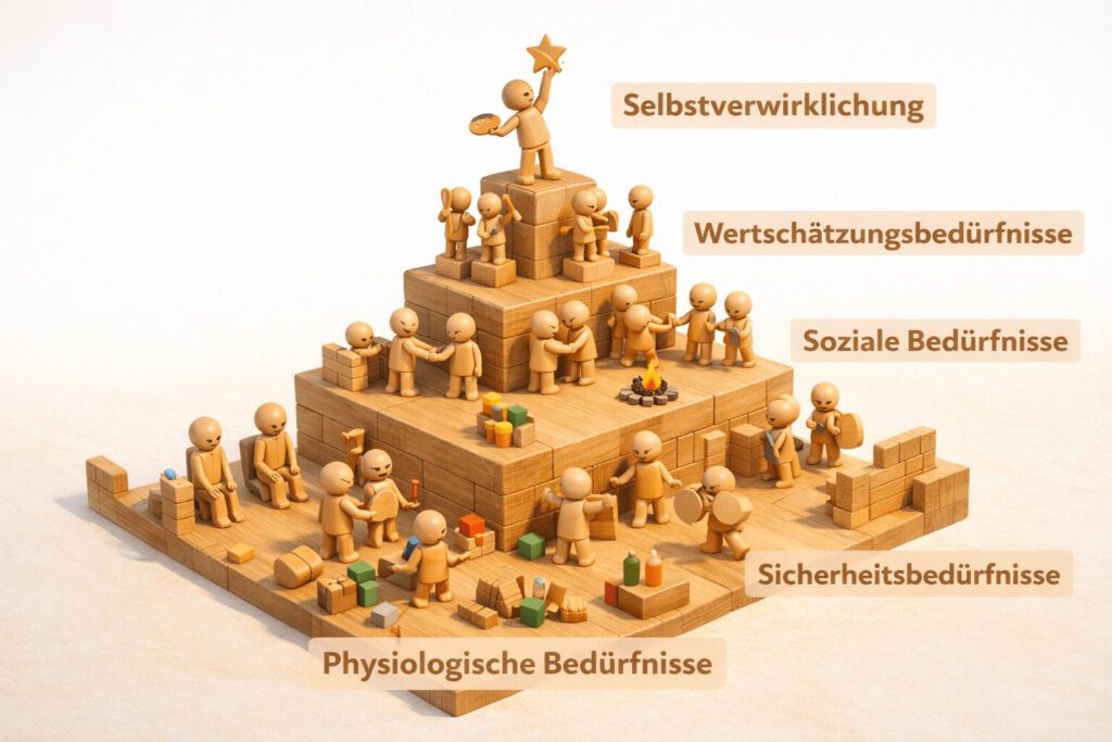 Ein Modell der Maslowschen Bedürfnispyramide, gebaut aus Holzklötzen und Holzfiguren. Die fünf Stufen (Physiologische Bedürfnisse, Sicherheit, Soziale Bedürfnisse, Wertschätzung, Selbstverwirklichung) sind beschriftet und werden durch kleine Szenen der Figuren dargestellt.