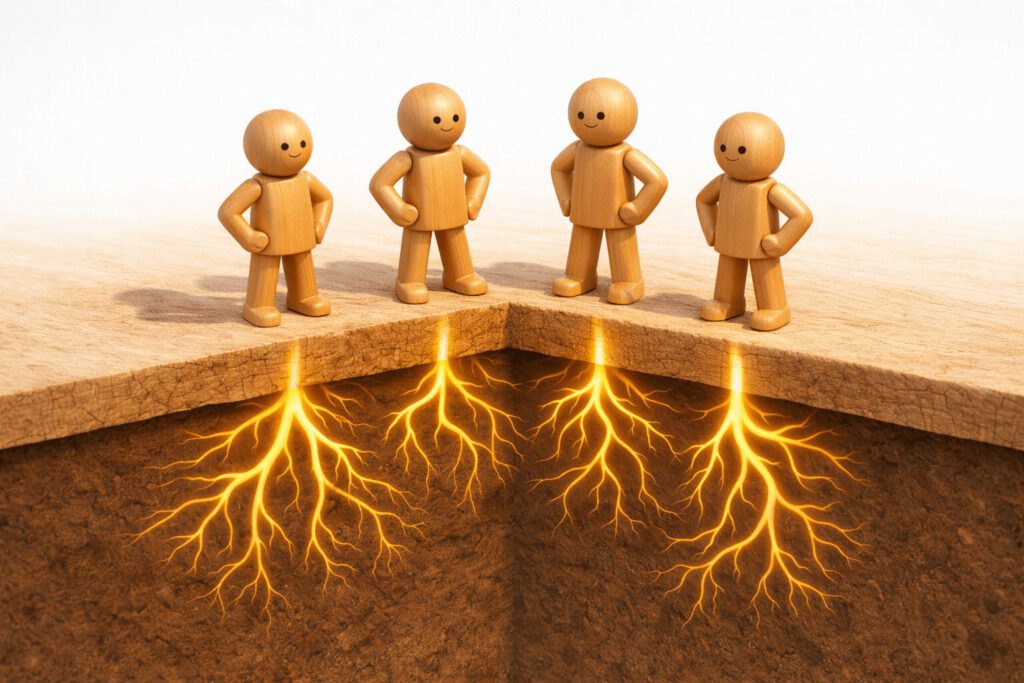 Mehrere Holzfiguren stehen auf einem Boden, wobei goldene Wurzeln von ihren Füßen in den Untergrund wachsen. Symbolbild für Mitarbeiterbindung und Loyalität.