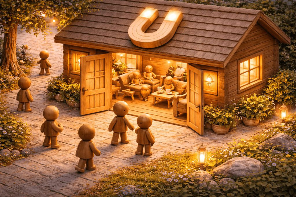 Ein gemütliches, offenes Holzhaus mit einem Magneten auf dem Dach zieht Holzfiguren an, die freiwillig kommen und bleiben. Symbolbild für moderne Mitarbeiterbindung durch Attraktivität.
