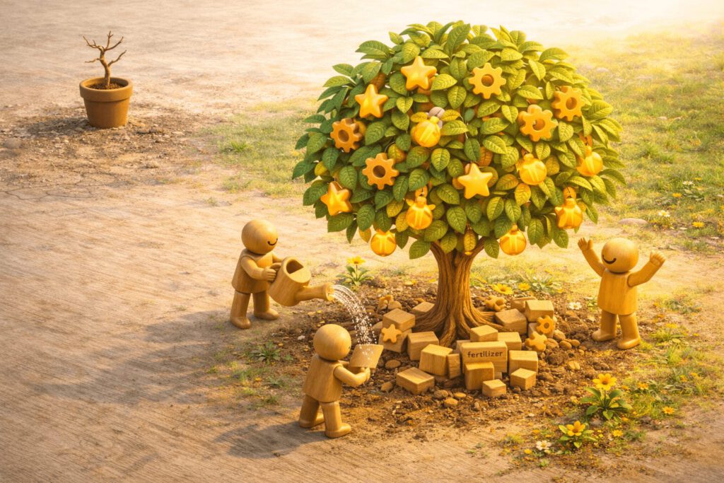 Mehrere Holzfiguren pflegen gemeinsam einen großen, früchtetragenden Holzbaum mit Sternen und Zahnrädern, während im Hintergrund ein vernachlässigter Stock vertrocknet. Symbolbild für intrinsische Mitarbeitermotivation durch Pflege und Wachstum.