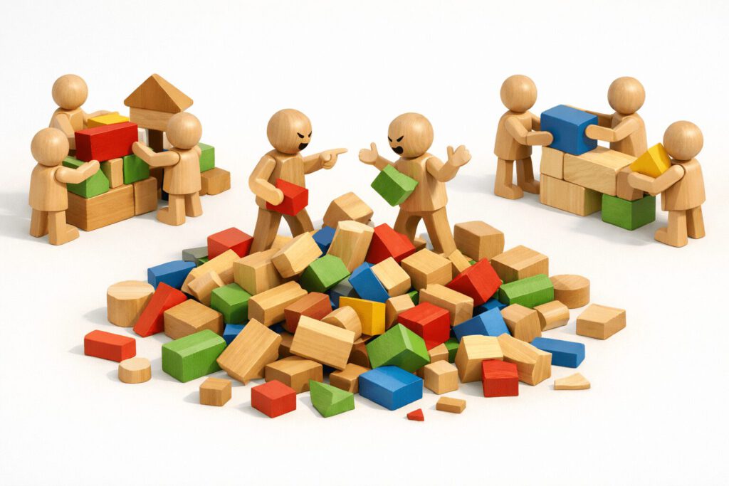 Eine Gruppe von Holzfiguren arbeitet mit bunten Bausteinen. Im Vordergrund stehen zwei Figuren auf einem chaotischen Haufen und streiten sich heftig (Storming). Im Hintergrund arbeiten andere Gruppen bereits geordnet und bauen stabile Mauern (Norming/Performing). Symbolbild für das Tuckman-Phasenmodell.