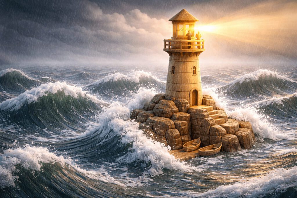 Ein stabiler Holz-Leuchtturm trotzt stürmischen Wellen. Eine Führungskraft-Figur steht oben, während kleine Boote im Windschatten Schutz suchen. Symbolbild für Resilienz und Standhaftigkeit in Krisen.