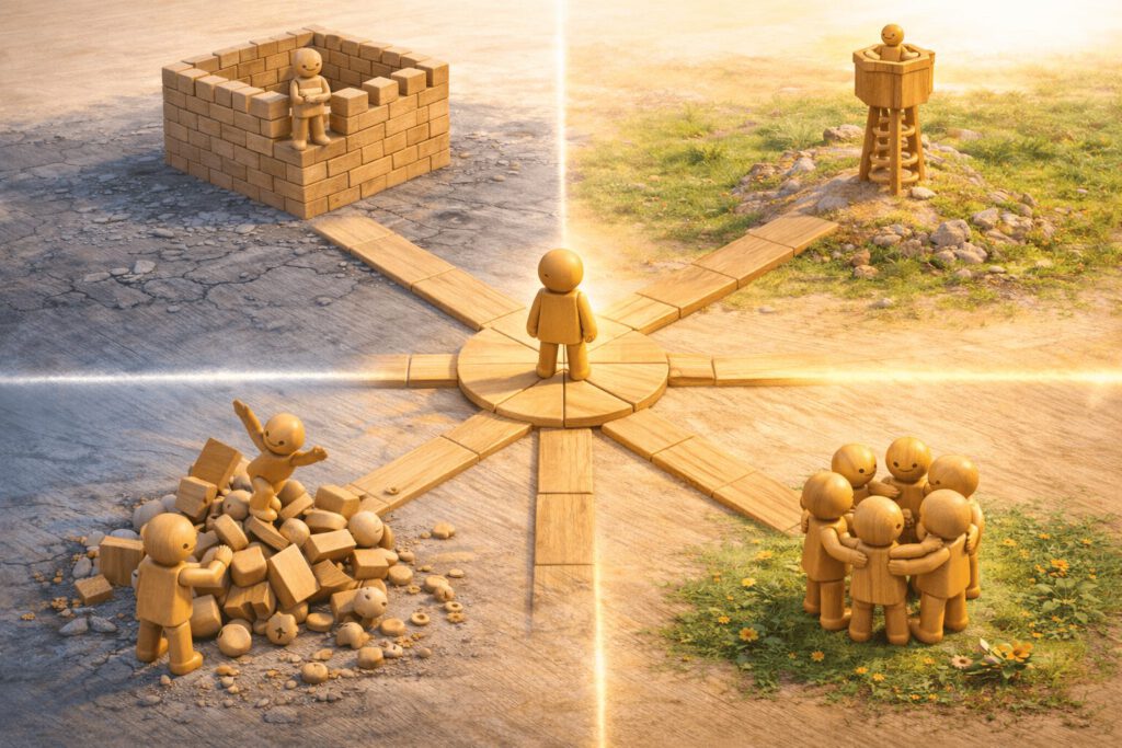 Eine Holzlandschaft, aufgeteilt in vier Bereiche: eine starre Festung (Ordnung), ein chaotischer Haufen (Wechsel), ein einsamer Turm (Distanz) und eine enge Gruppe (Nähe). Symbolbild für die vier Grundausrichtungen des Riemann-Thomann-Modells.