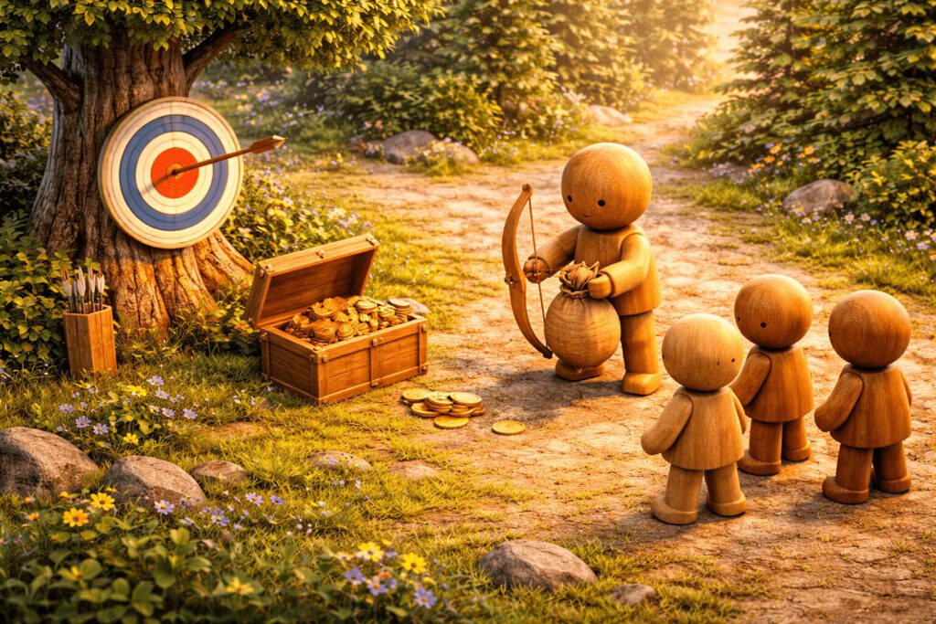 Eine Holzfigur mit Bogen trifft ins Schwarze und verteilt Gold aus einer Kiste an andere. Symbolbild für das Robin-Hood-Prinzip oder gerechte Strategien.