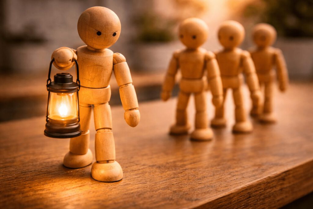 Eine Führungs-Figur leuchtet dem Team mit einer Laterne den Weg.