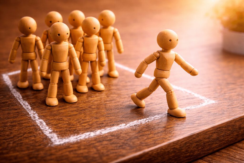 Eine Gliederpuppe tritt mutig aus einem aufgezeichneten Quadrat heraus, während andere noch darin stehen. Symbolbild für das Verlassen gewohnter Denkmuster und Räume (Out of the box).