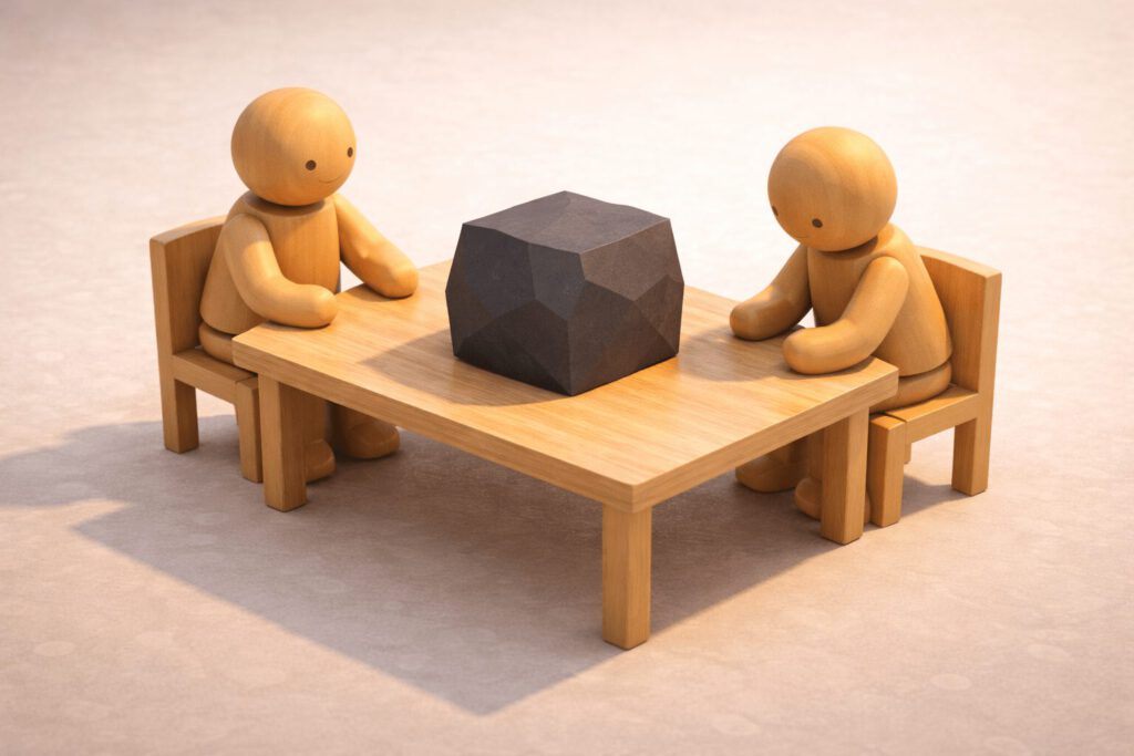 Zwei Holzfiguren sitzen sich an einem einfachen Tisch gegenüber. Zwischen ihnen liegt ein großer, dunkler, facettierter Steinblock. Symbolbild für das Überbringen schlechter Nachrichten und schwierige Mitarbeitergespräche.