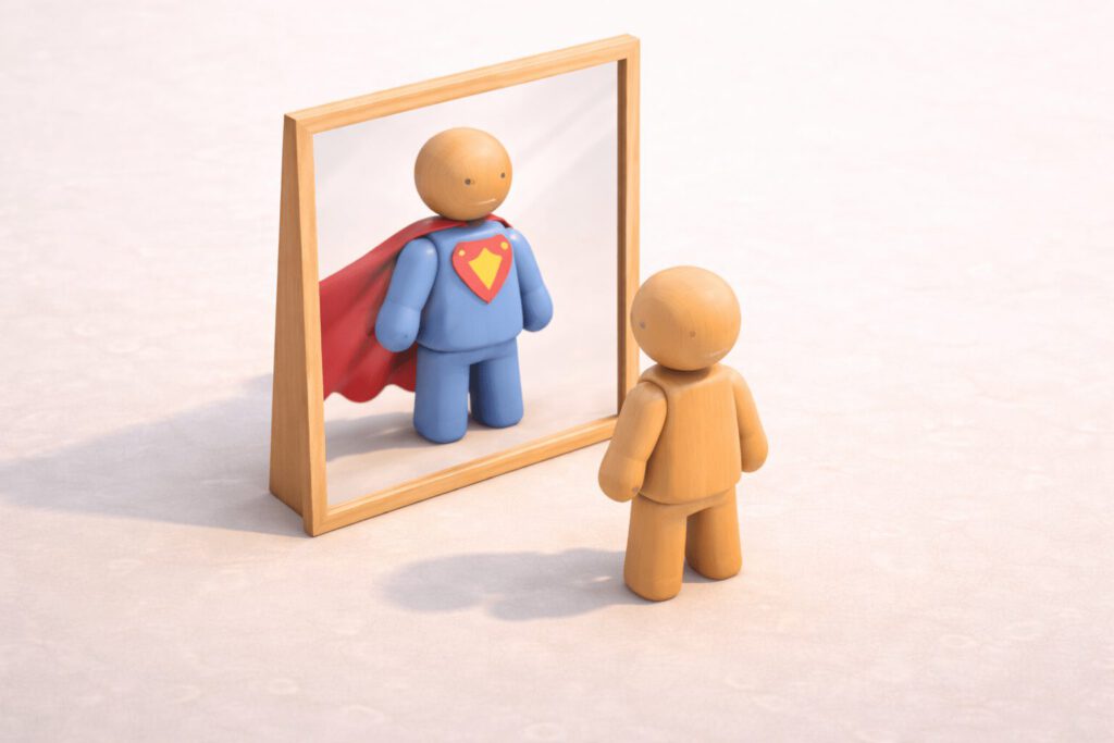 Eine kleine Holzfigur schaut in einen Spiegel. Das Spiegelbild zeigt eine große Superhelden-Figur mit Umhang. Symbolbild für die Diskrepanz zwischen Selbstbild und Fremdbild in der Führung.