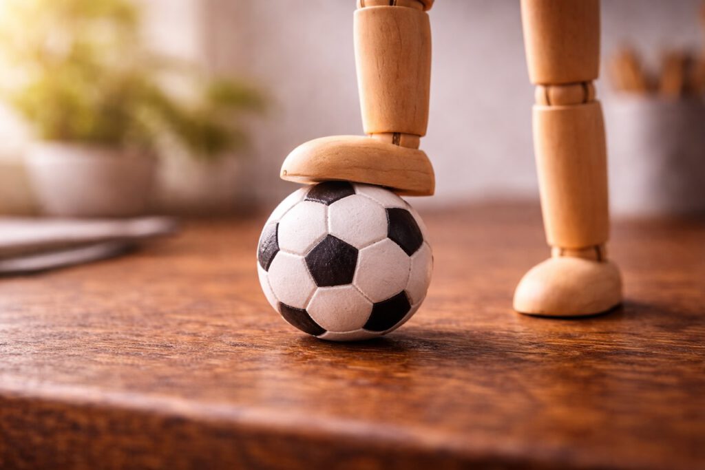 Holzfigur steht mit dem Fuß auf einem Fußball, bereit für den Anstoß. Symbol für den Start in das zweite Halbjahr und Fokus auf die Umsetzung.