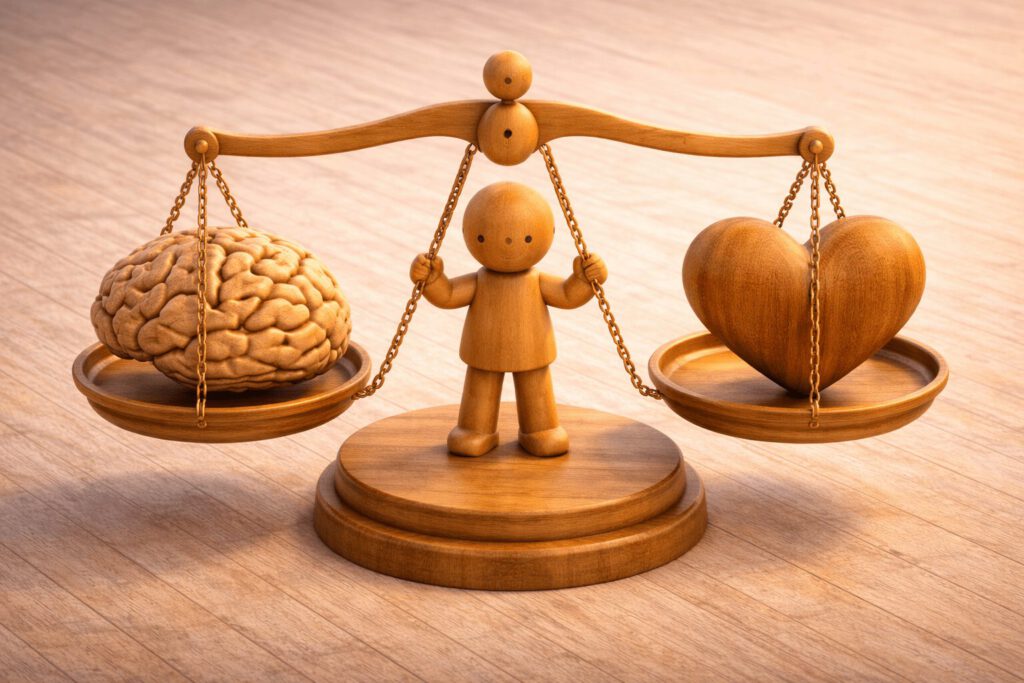 Eine Holzwaage hält ein Gehirn und ein Herz in perfekter Balance. Eine Führungskraft überwacht dies. Symbolbild für ganzheitliche Strategie.