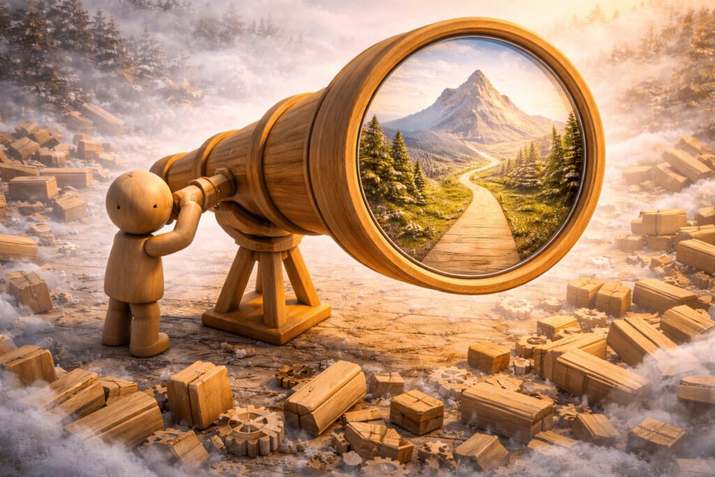 Eine Holzfigur blickt durch ein großes Teleskop. Während drumherum Chaos aus Klötzen und Nebel herrscht, zeigt der Blick durch die Linse einen glasklaren Weg zum Ziel. Symbolbild für strategische Klarheit.