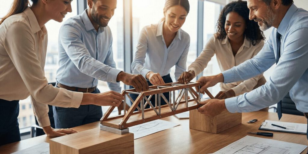 Team baut gemeinsam eine Holzbrücke – Symbol für Zusammenarbeit und Führungskräfteentwicklung.