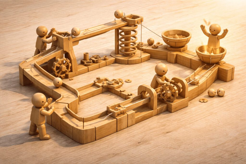 Mehrere Holzfiguren bedienen gemeinsam und synchron eine komplexe Holzmaschine, bei der ein Schritt nahtlos in den nächsten übergeht. Symbolbild für reibungslose Zusammenarbeit und Teamwork.