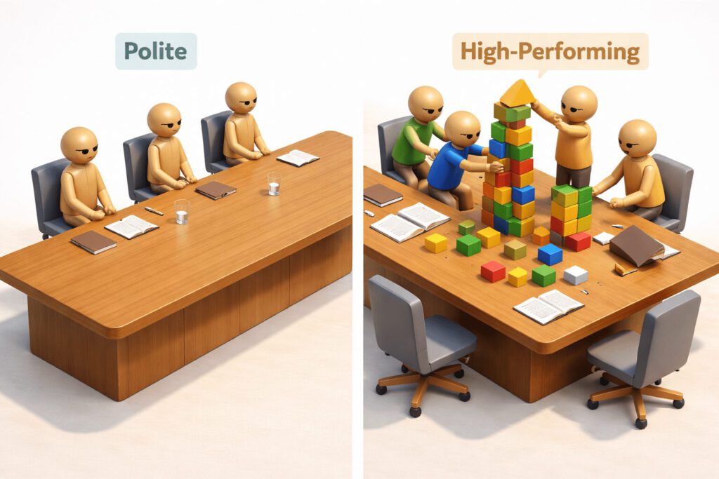 Holzfiguren-Szene an einem Konferenztisch. Auf der linken Seite sitzen Figuren steif und passiv (höflich). Auf der rechten Seite stehen Figuren und bauen dynamisch gemeinsam ein großes Bauwerk in der Tischmitte (leistungsstark). Symbolisiert die Teamentwicklung.