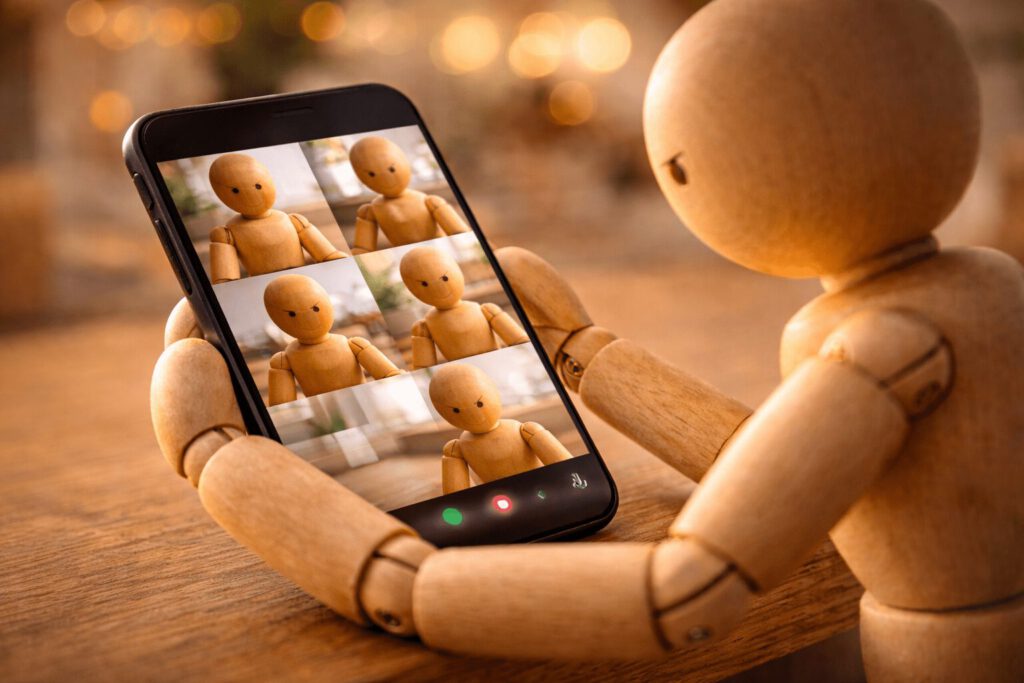 Gliederpuppe betrachtet Bilder von Kollegen auf einem Smartphone-Display.