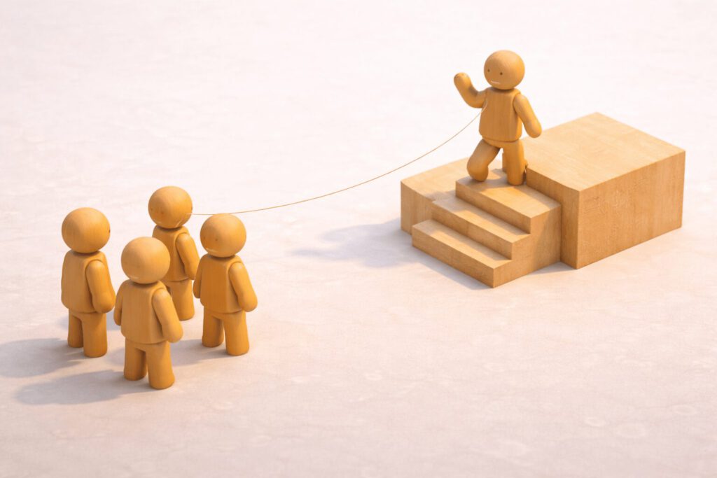 Eine Holzfigur steigt Stufen auf ein kleines Podest, hält aber eine lockere Verbindungsleine zu einer Gruppe von Kollegen am Boden. Die Figur schaut freundlich zurück. Symbolbild für den Rollenwechsel vom Kollegen zum Vorgesetzten.