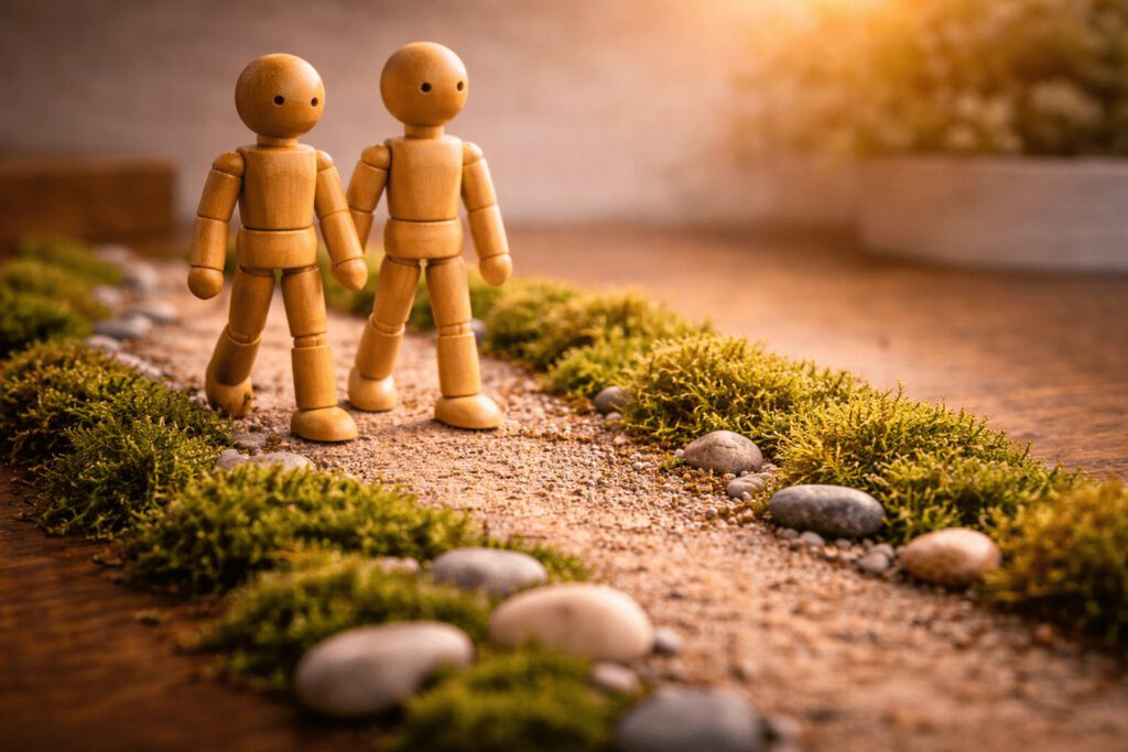 Zwei Gliederpuppen spazieren nebeneinander auf einem Pfad aus Moos über den Schreibtisch. Symbolbild für die Walk & Talk Methode und Outdoor-Coaching.