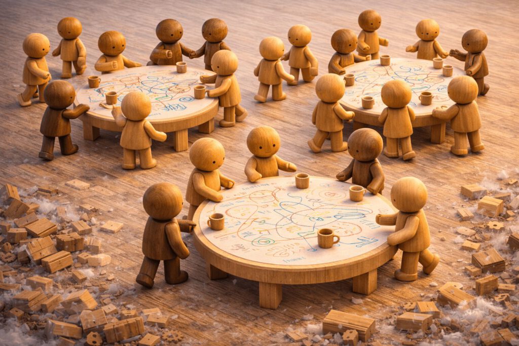 Holzfiguren diskutieren an runden Tischen mit Kaffeetassen und wechseln die Plätze. Symbolbild für die World-Café-Methode.