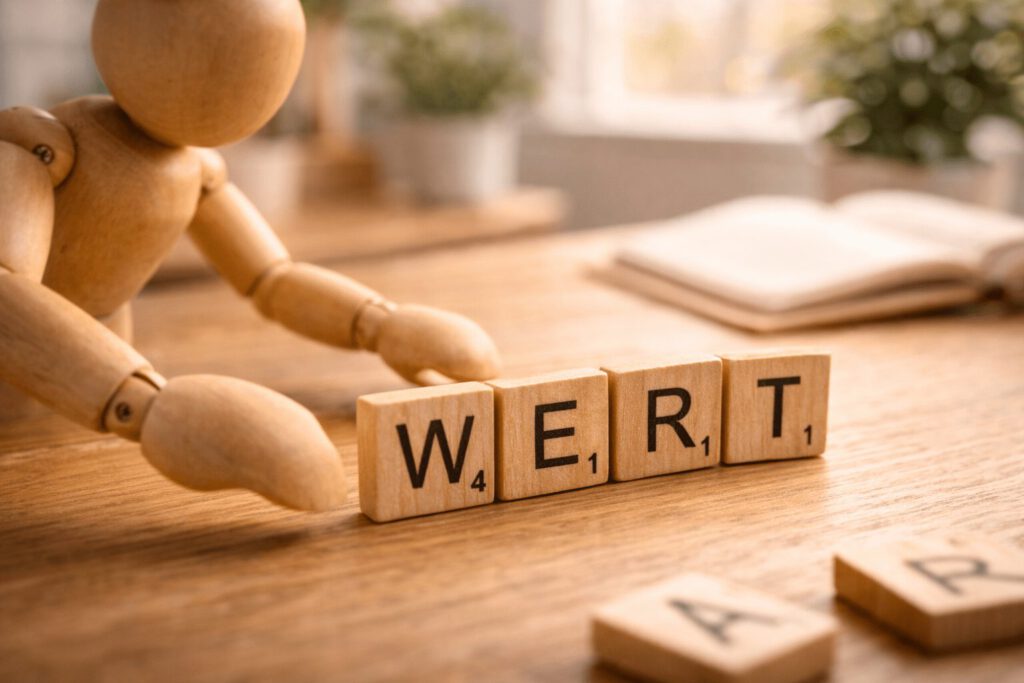 Eine Gliederpuppe arrangiert Holzbuchstaben auf einem Tisch zu dem Wort WERT.