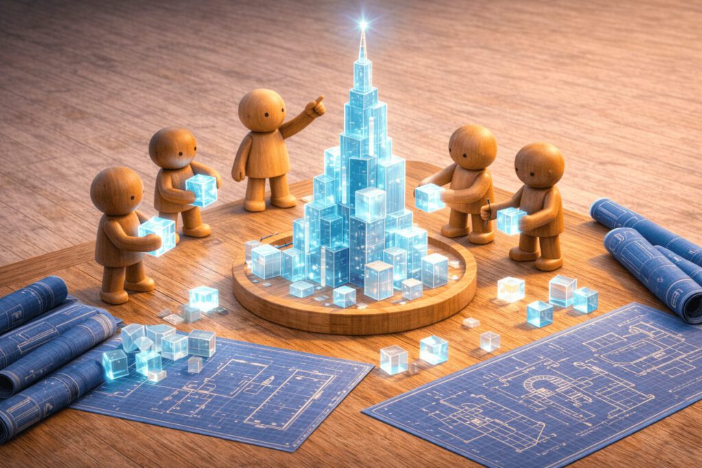 Ein Team baut gemeinsam in einer Werkstatt an einem futuristischen Turm aus leuchtenden Klötzen. Symbolbild für eine Zukunftswerkstatt.