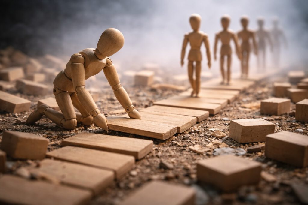 Eine Holzfigur baut kniend einen stabilen Weg aus Planken über chaotischen Untergrund. Im Hintergrund folgen andere Figuren sicher auf dem neuen Pfad. Symbolbild für wirksame Führung, Vertrauen und Orientierung in Veränderungsprozessen.