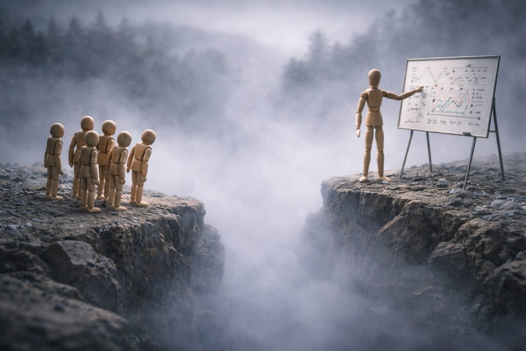 Eine Gruppe von Holzfiguren steht ratlos an einem tiefen Abgrund. Auf der anderen Seite erklärt eine einzelne Figur komplexe Strategien an einem Whiteboard. Symbolbild für gescheiterte Veränderungskommunikation und Informationslücken im Change Management.