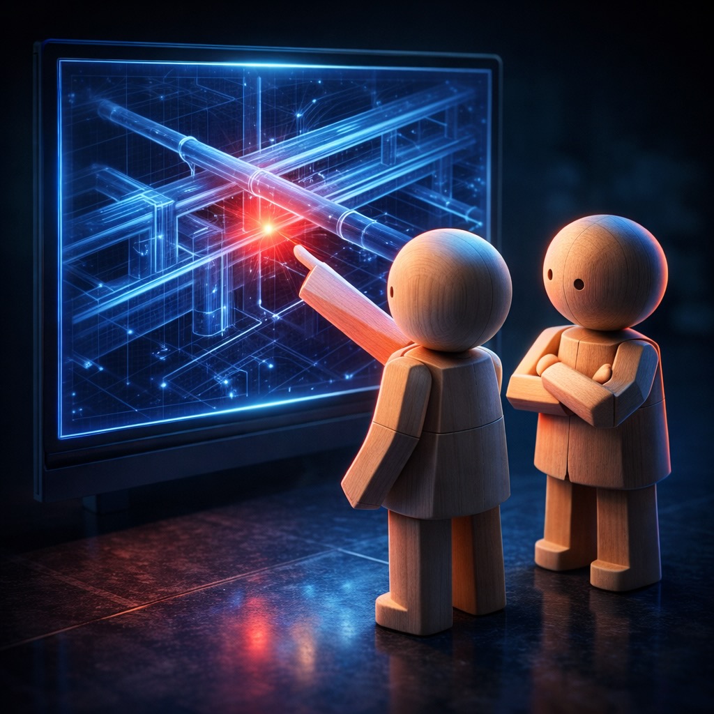 Holzfiguren vor einem digitalen BIM-Modell mit roter Warnleuchte. Symbolbild für psychologische Clash Detection und Konflikte im Baumanagement.