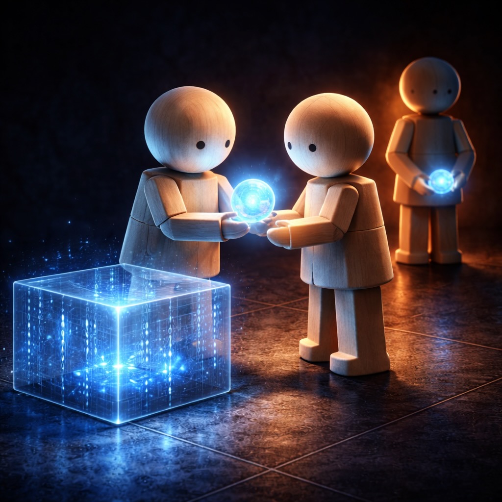 Zwei Holzfiguren teilen eine leuchtende Kugel (Information) über einem digitalen BIM-Modell, während eine Figur im Hintergrund ihre Kugel versteckt. Symbolbild für Herrschaftswissen und mangelnde Transparenz in Bauprojekten.