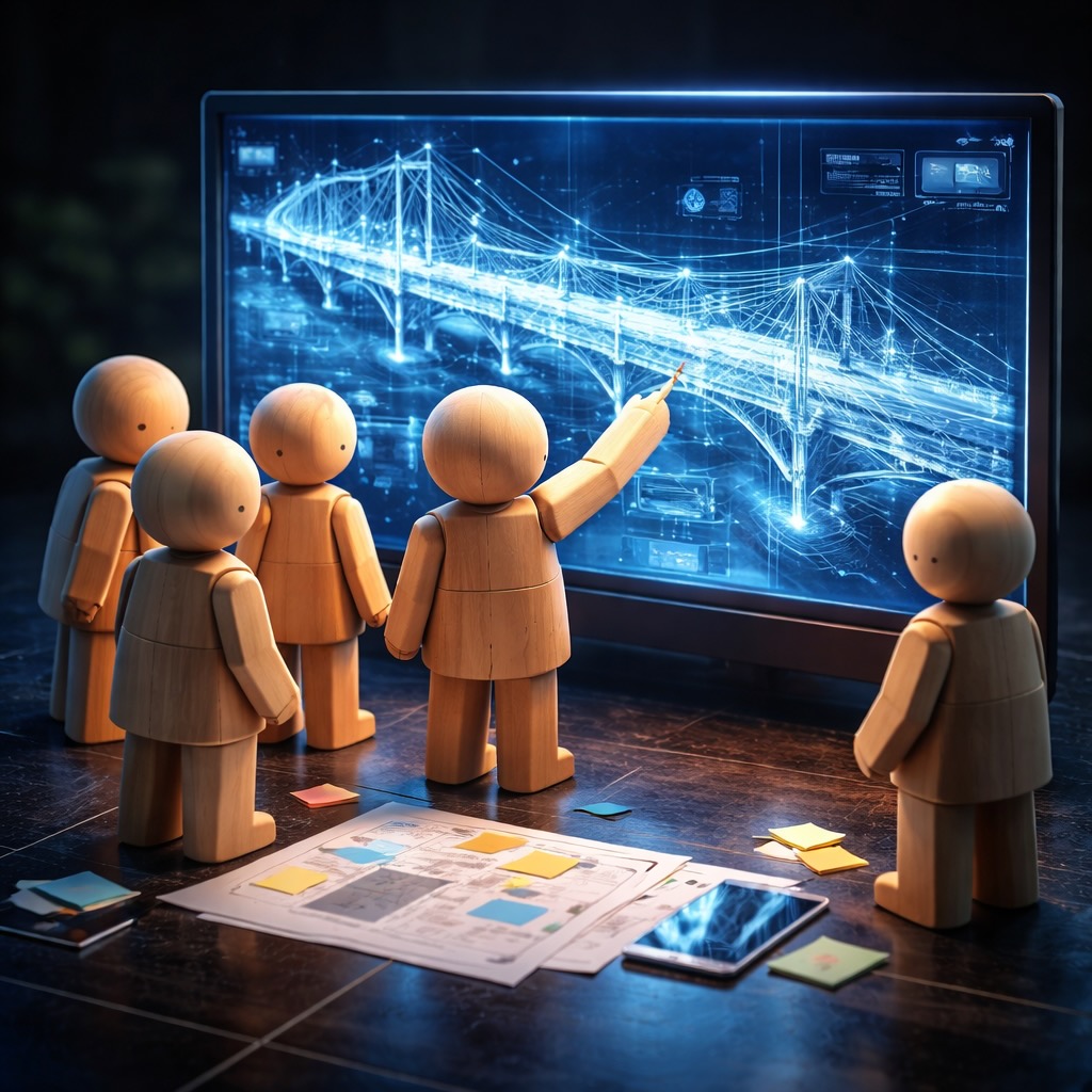 Eine Gruppe von Holzfiguren steht vor einem großen Bildschirm, der ein digitales 3D-Brückenmodell (BIM-Modell) zeigt. Ein Teammitglied zeigt auf ein Detail. Symbolbild für digitale Zusammenarbeit am Bau.