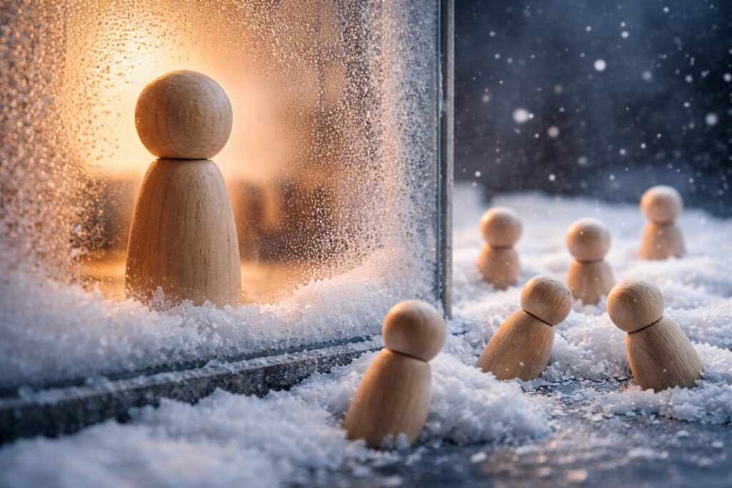 Symbolbild Führung: Eine große Holzfigur steht im warmen Büro hinter einer Scheibe, während kleine Figuren draußen im Schnee frieren. Symbolisiert fehlende Empathie und Fürsorgepflicht bei Unwetter.