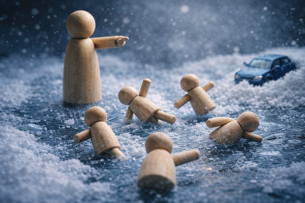 Führungskraft gibt Befehl zum Weiterfahren trotz Glatteis. Holzfiguren rutschen auf eisiger Straße aus, im Hintergrund ein Auto im Schneegraben. Symbol für falsche Prioritäten im Management.