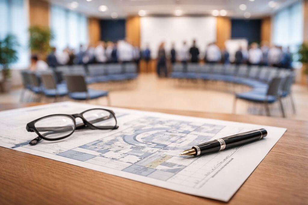 Nahaufnahme eines Regieplans auf einem Tisch, im Hintergrund diskutiert eine Gruppe von Führungskräften bei einem Strategie-Tag.