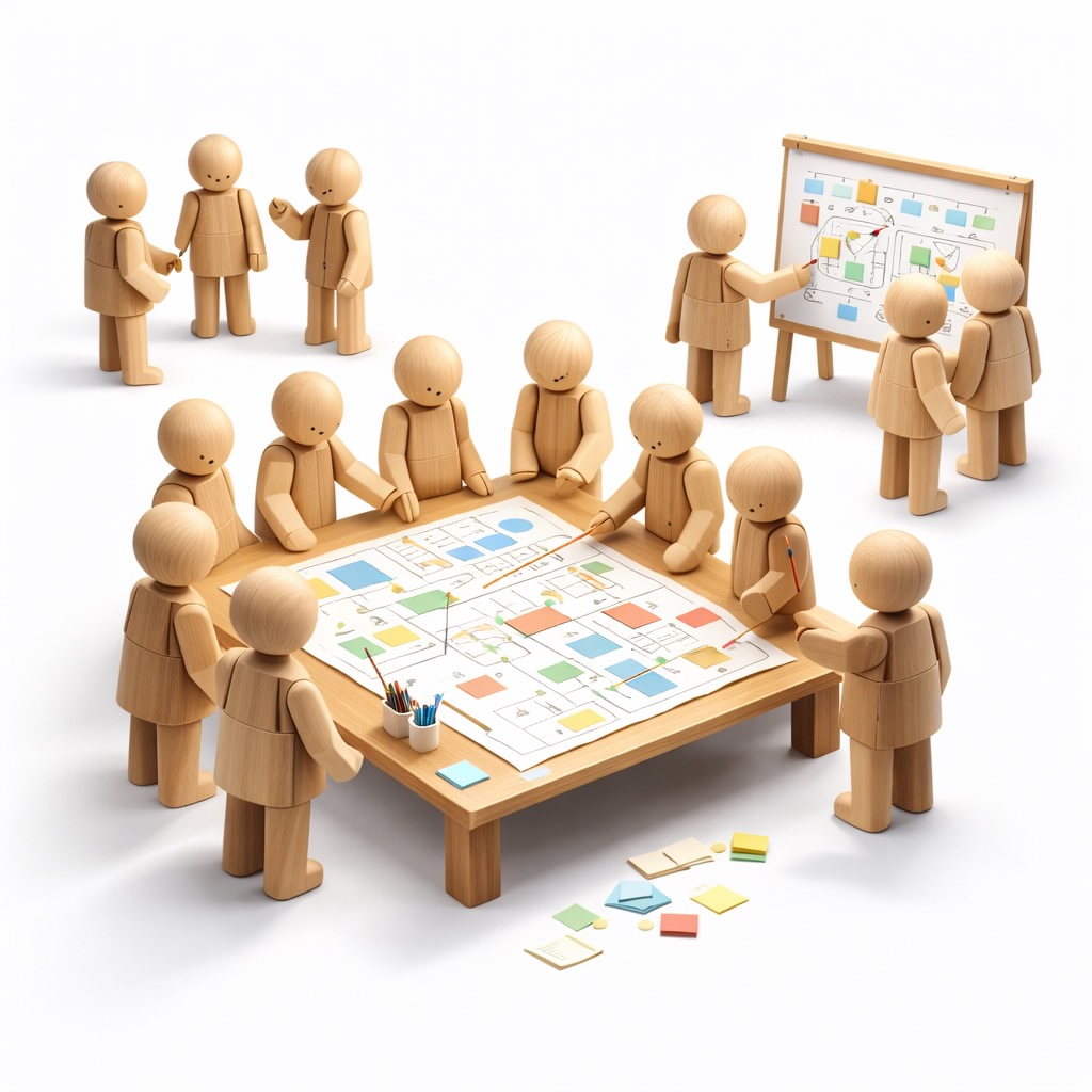 Holzfiguren in einer Workshop-Szene: Ein Moderator präsentiert Strategien an einem Flipchart vor einer Gruppe im Halbkreis. Symbolbild für Großgruppen-Moderation.