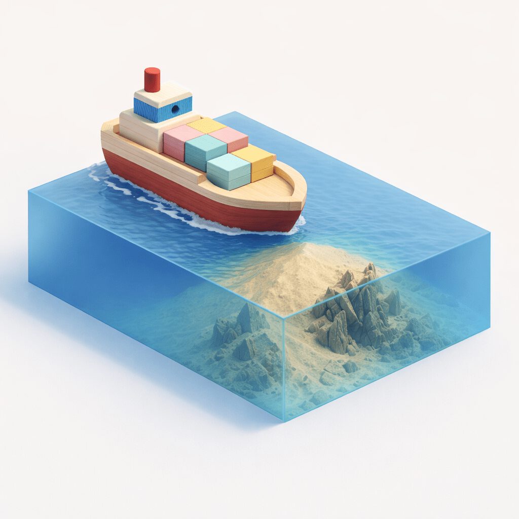 Isometrische Darstellung eines Holz-Containerschiffs, das auf ein verborgenes Riff unter Wasser zuläuft. Symbolbild für verdeckte Risiken und ignorierte Stakeholder in der Change Management Analyse.