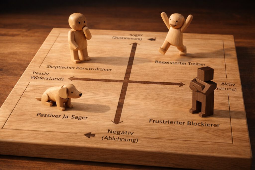 Eine hölzerne Stakeholder-Matrix auf einem Spielbrett, eingeteilt in vier Quadranten. Vier unterschiedliche Holzfiguren symbolisieren Mitarbeitertypen: Ein springender "Begeisterter Treiber", ein nachdenklicher "Skeptischer Konstruktiver", ein liegender Dackel als "Passiver Ja-Sager" und eine blockartige Figur als "Frustrierter Blockierer".