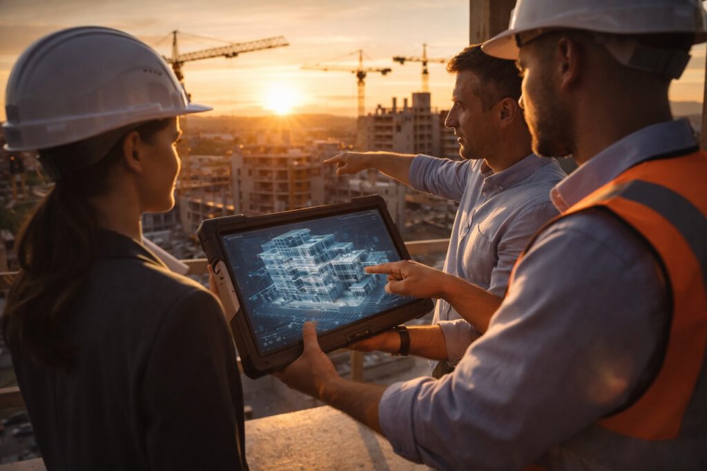 Ein Team aus Ingenieuren und Architekten auf einer Großbaustelle bei Sonnenuntergang, die gemeinsam auf einem Tablet ein digitales BIM-Modell betrachten und diskutieren.