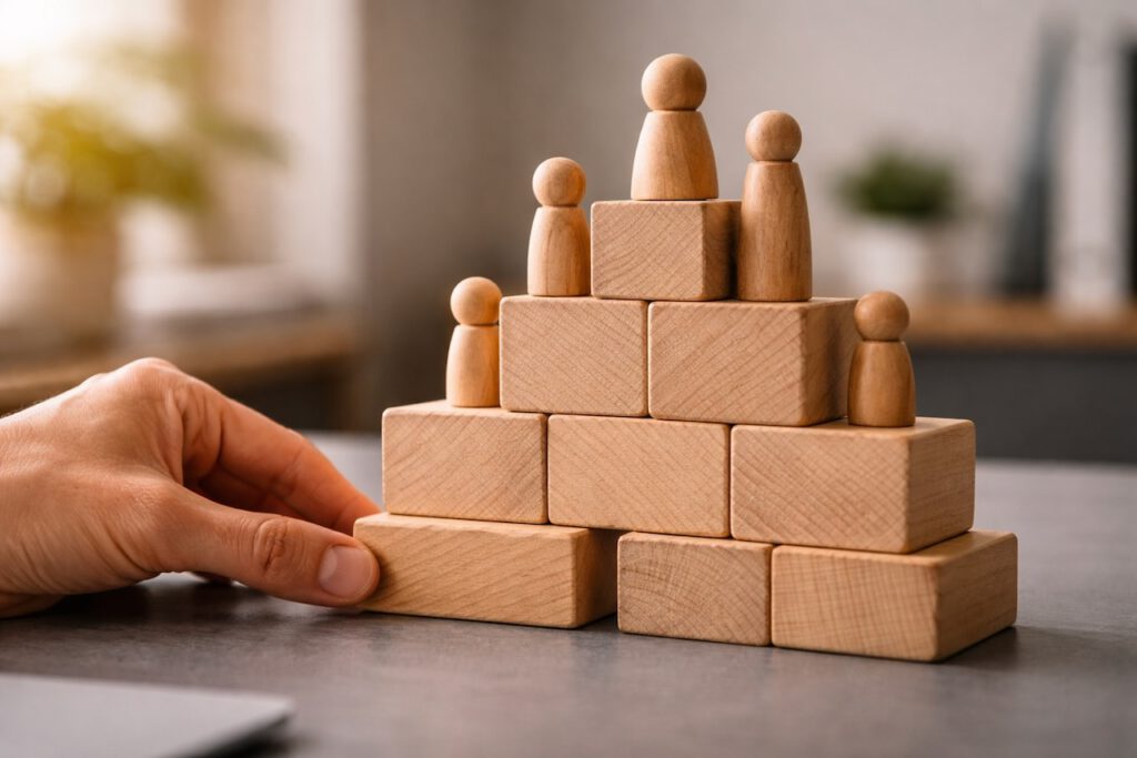 Symbolbild zur Teamentwicklung: Eine instabile Pyramide aus Holzklötzen mit Holzspielfiguren. Eine Hand rückt den untersten, verschobenen Klotz (Fundament) gerade. Metapher für die 5 Dysfunktionen eines Teams nach Lencioni.