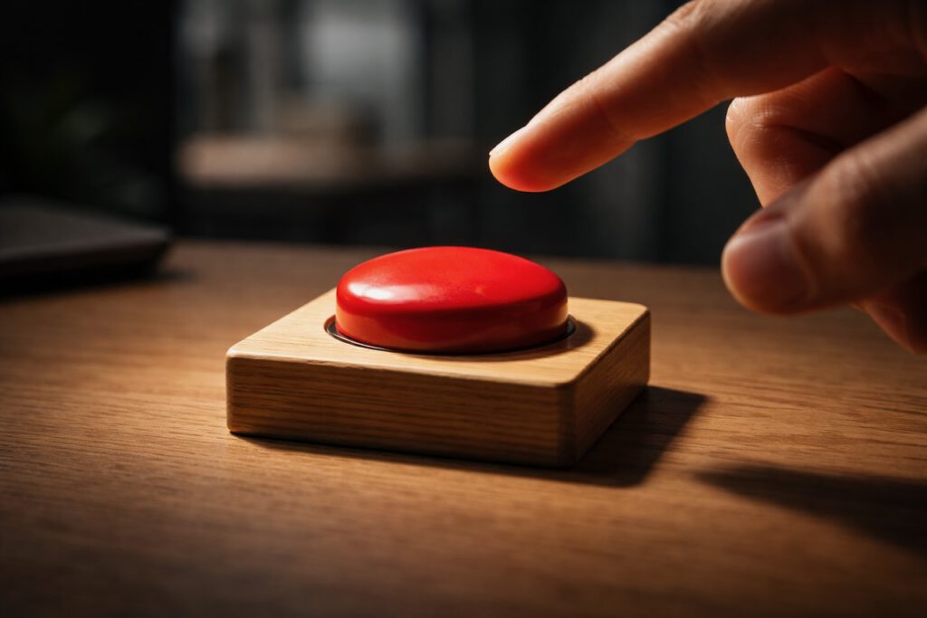 Ein roter Knopf auf einem Holzsockel kurz vor dem Drücken – Symbol für Entscheidungsstärke und Überwindung von Zögern in der Führung.