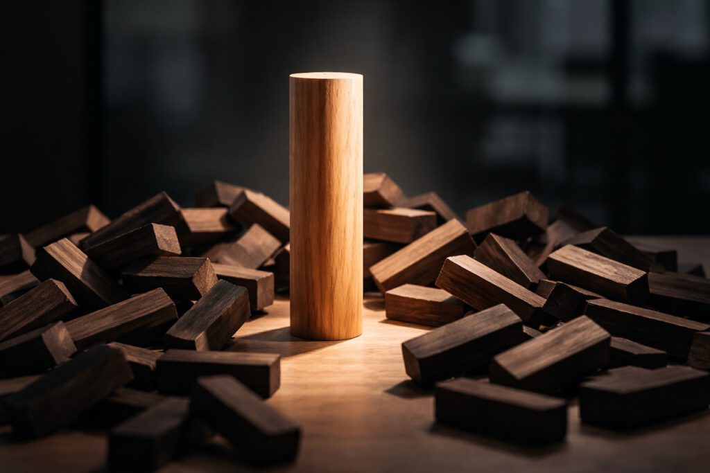 Ein stabiler Holzzylinder im Rampenlicht inmitten von umgefallenen Holzklötzen – Symbol für Führen in der Krise und die Ankerfunktion der Führungskraft.