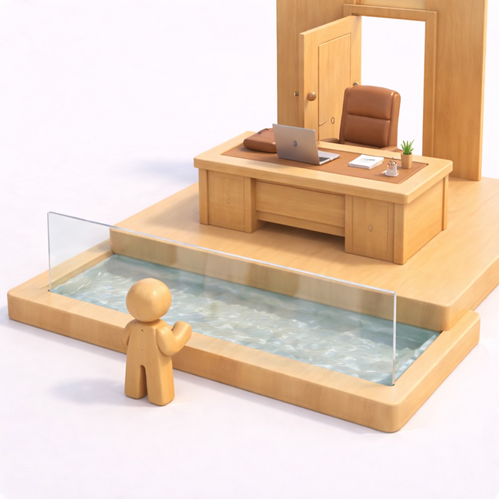 Holzfigur eines Mitarbeiters steht vor einer Glasscheibe und einem Wassergraben, die ihn vom Schreibtisch des Chefs trennen. Symbol für unsichtbare Widerstände und fehlende psychologische Sicherheit trotz angeblich offener Tür.