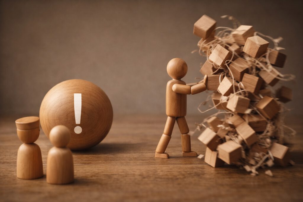 Holzfigur schiebt chaotisches Konstrukt als Symbol für gescheiterte Führungsmethoden beiseite und wendet sich einer klaren, pragmatischen Lösung zu. Sinnbild für situatives Führen bei operativen Machern.