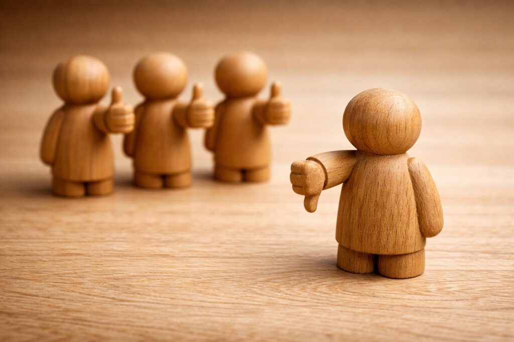 Holzfiguren bei einer Abstimmung. Viele zeigen einen Daumen nach oben, eine Figur kritisch einen Daumen nach unten. Symbol für trügerische Feedbackbögen bei der Weiterbildung.