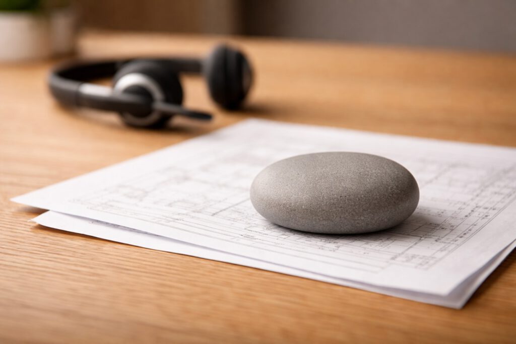 Ein glatter grauer Stein liegt neben einem Headset und technischen Zeichnungen auf einem Holzschreibtisch. Symbol für die Grey Rock Methode im Vertrieb.
