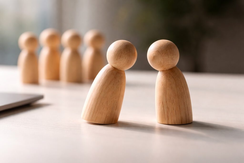 Zwei minimalistische Holzfiguren auf einem Schreibtisch symbolisieren ein Gespräch mit aktivem Zuhören im Führungskontext.