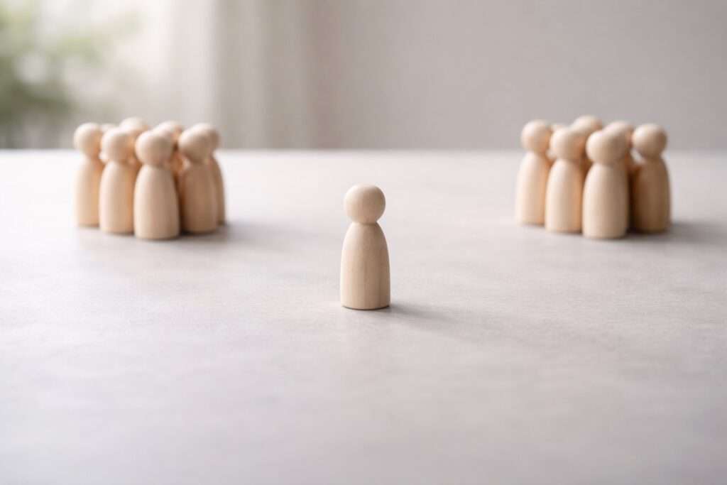 Konfliktvermeidung im Team: Drei Gruppen von Holzfiguren stehen isoliert voneinander (Silos), während eine einzelne Figur (Führungskraft) versucht, diese Barrieren zu überbrücken.