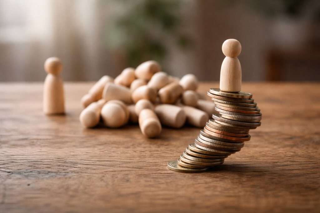 Alternativer Text (Alt-Text): Holzfiguren auf einem Tisch symbolisieren die Verschwendung von Budget bei ineffektivem Teambuilding – Coaching Harald Braun.